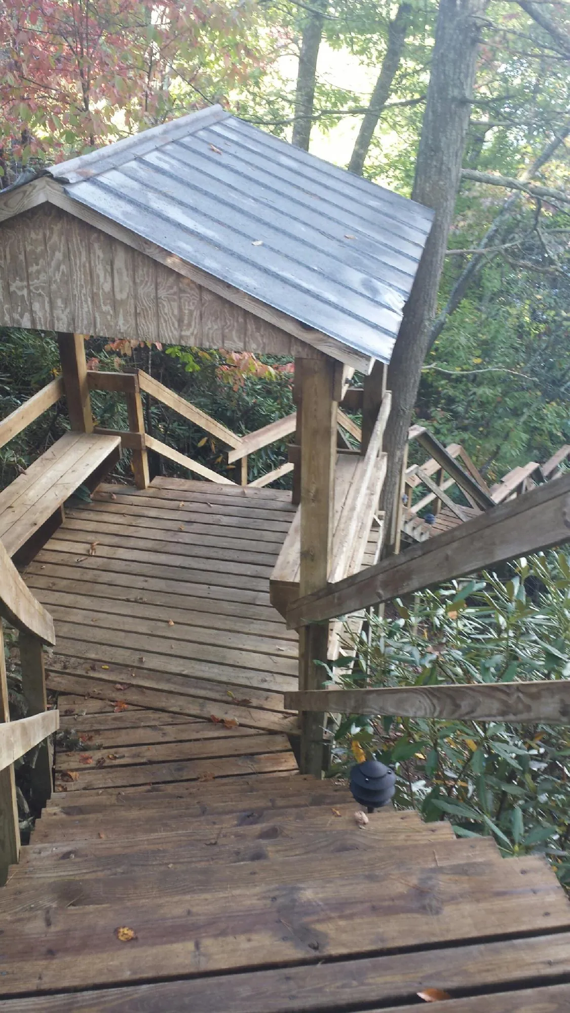 Metal roofed shelter over wooden steps on a wooded walkway — Skylight Repair & Installation work by our crew in Tucker